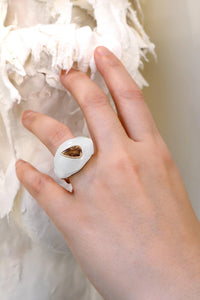 Natural White Jade Ring with a Pear Shaped Champagne Diamond - jingyayi - Rose Gold